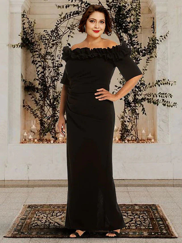 Wholesale Sheath / Column Mother of the Bride Dress Plus Size Elegant Off Shoulder Floor Length Chiffon Half Sleeve with Ruching